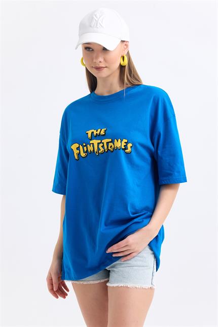 Ön Ve Sırt Flinstone Baskılı Pamuklu Oversize Tişört - Mavi