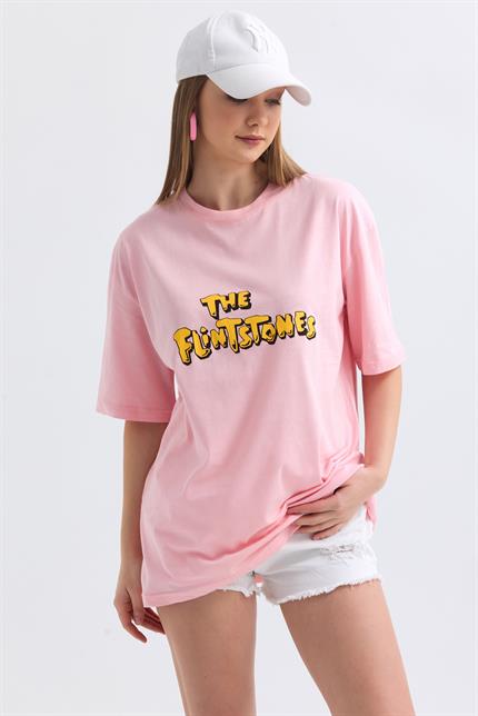 Ön Ve Sırt Flinstone Baskılı Pamuklu Oversize Tişört - Pembe