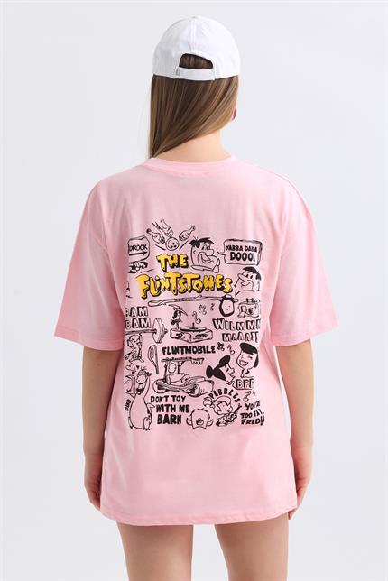 Ön Ve Sırt Flinstone Baskılı Pamuklu Oversize Tişört - Pembe