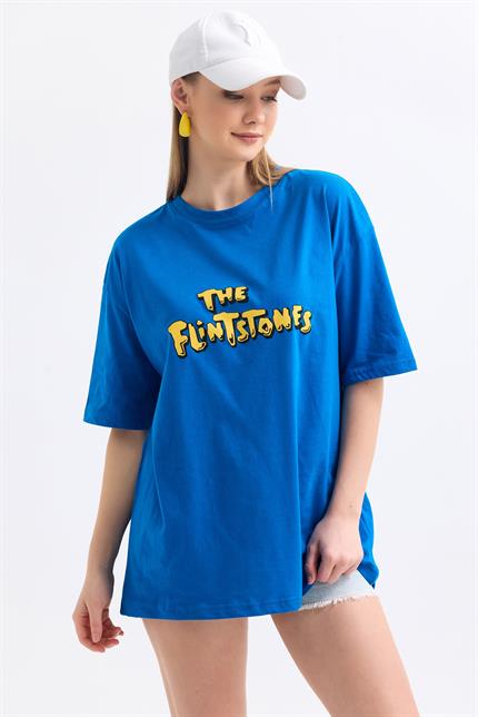 Ön Ve Sırt Flinstone Baskılı Pamuklu Oversize Tişört - Mavi