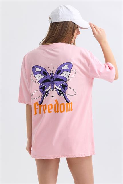 Ön Ve Sırt Freedom Kelebek Baskılı Pamuklu Oversize Tişört - Pembe
