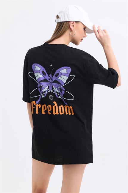 Ön Ve Sırt Freedom Kelebek Baskılı Pamuklu Oversize Tişört - Siyah