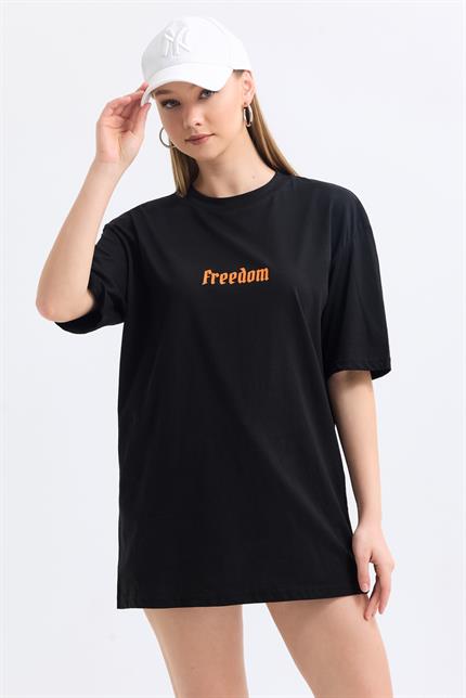 Ön Ve Sırt Freedom Kelebek Baskılı Pamuklu Oversize Tişört - Siyah