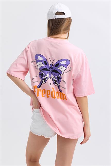 Ön Ve Sırt Freedom Kelebek Baskılı Pamuklu Oversize Tişört - Pembe