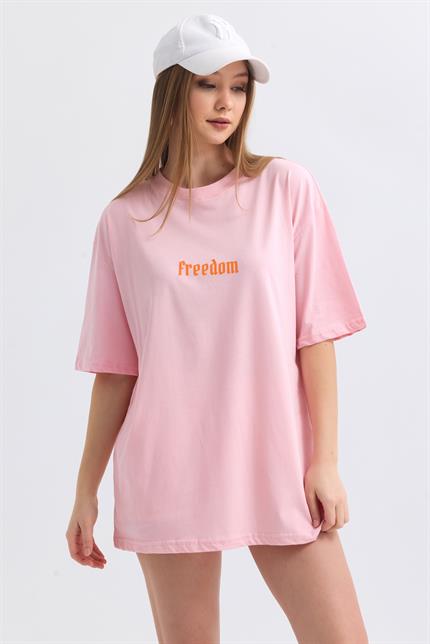 Ön Ve Sırt Freedom Kelebek Baskılı Pamuklu Oversize Tişört - Pembe