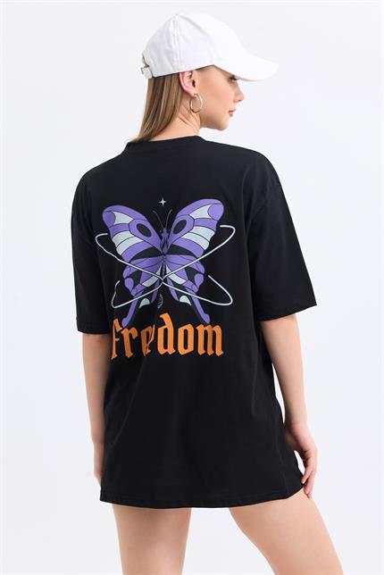 Ön Ve Sırt Freedom Kelebek Baskılı Pamuklu Oversize Tişört - Siyah