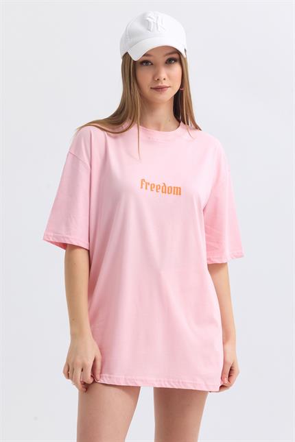 Ön Ve Sırt Freedom Kelebek Baskılı Pamuklu Oversize Tişört - Pembe