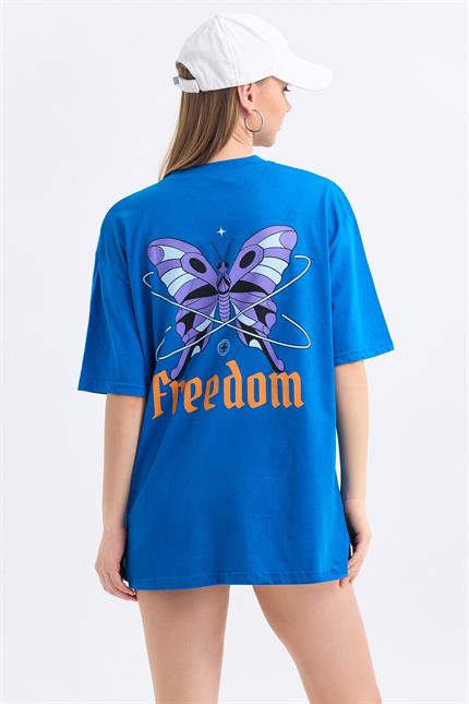 Ön Ve Sırt Freedom Kelebek Baskılı Pamuklu Oversize Tişört - Mavi