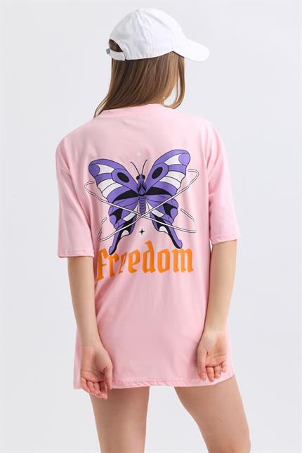 Ön Ve Sırt Freedom Kelebek Baskılı Pamuklu Oversize Tişört - Pembe