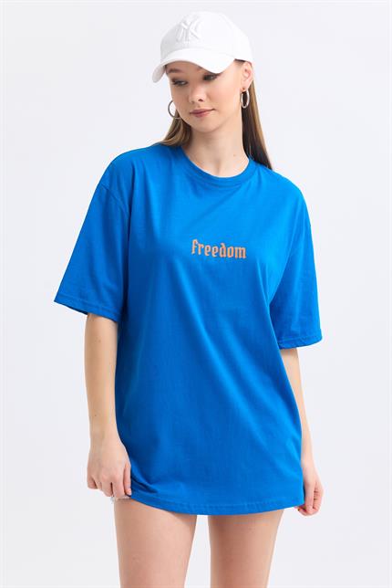 Ön Ve Sırt Freedom Kelebek Baskılı Pamuklu Oversize Tişört - Mavi