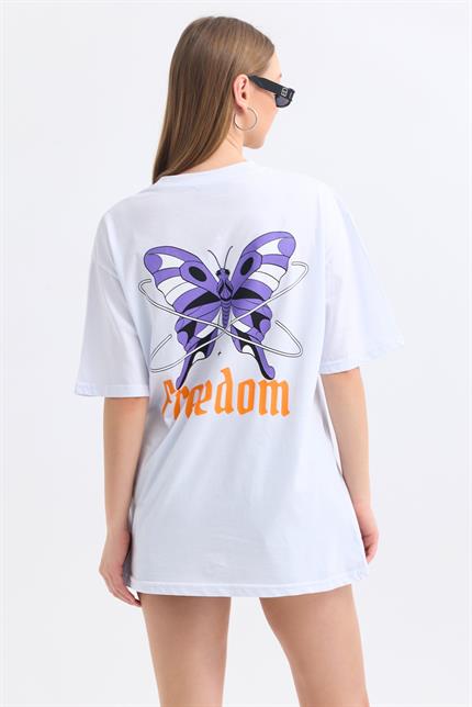 Ön Ve Sırt Freedom Kelebek Baskılı Pamuklu Oversize Tişört - Beyaz