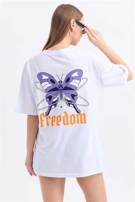 Ön Ve Sırt Freedom Kelebek Baskılı Pamuklu Oversize Tişört - Beyaz