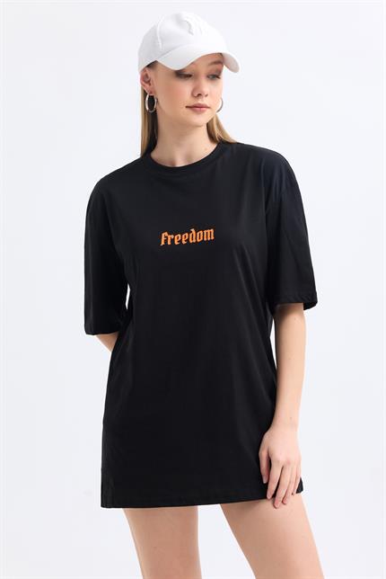 Ön Ve Sırt Freedom Kelebek Baskılı Pamuklu Oversize Tişört - Siyah