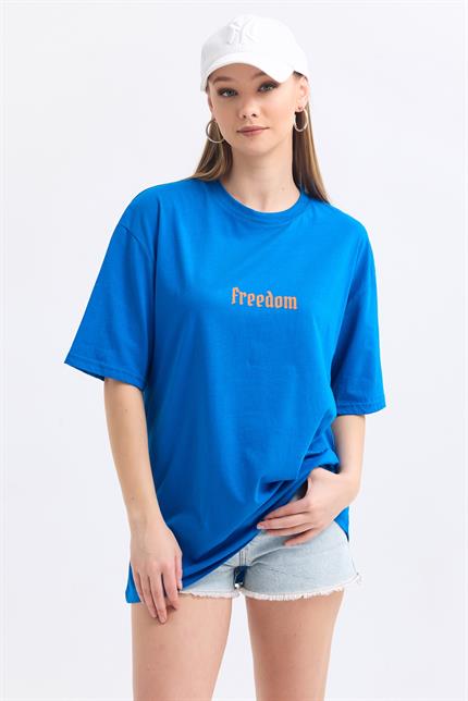 Ön Ve Sırt Freedom Kelebek Baskılı Pamuklu Oversize Tişört - Mavi