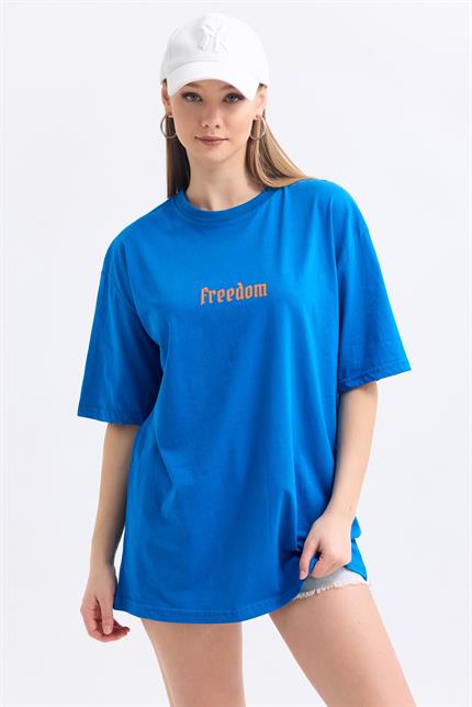 Ön Ve Sırt Freedom Kelebek Baskılı Pamuklu Oversize Tişört - Mavi