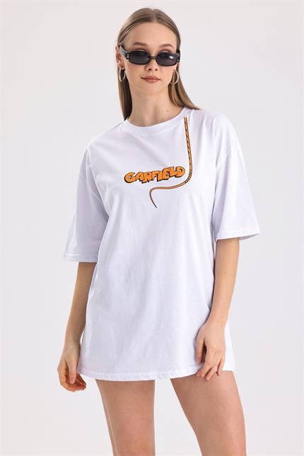 Ön Ve Sırt Garfield Baskılı Pamuklu Oversize Tişört - Beyaz