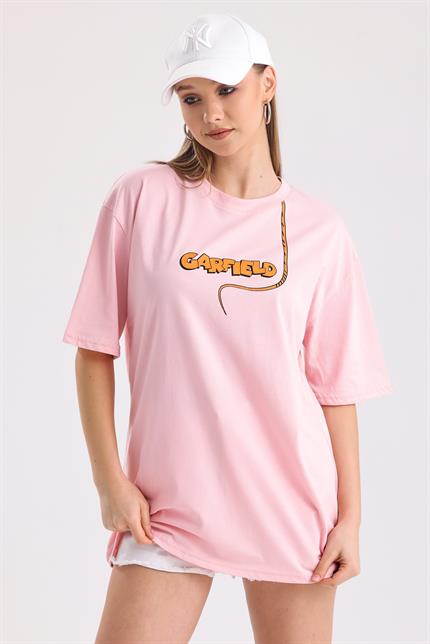 Ön Ve Sırt Garfield Baskılı Pamuklu Oversize Tişört - Pembe