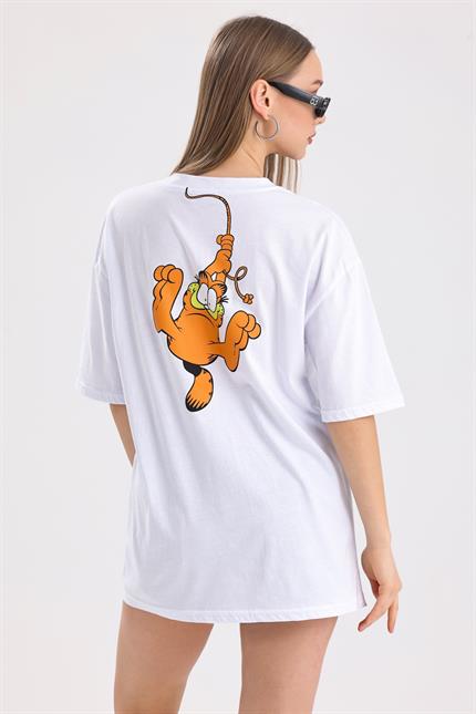 Ön Ve Sırt Garfield Baskılı Pamuklu Oversize Tişört - Beyaz