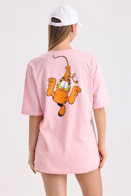 Ön Ve Sırt Garfield Baskılı Pamuklu Oversize Tişört - Pembe