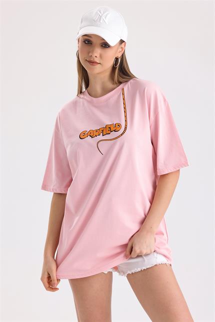 Ön Ve Sırt Garfield Baskılı Pamuklu Oversize Tişört - Pembe