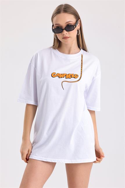 Ön Ve Sırt Garfield Baskılı Pamuklu Oversize Tişört - Beyaz