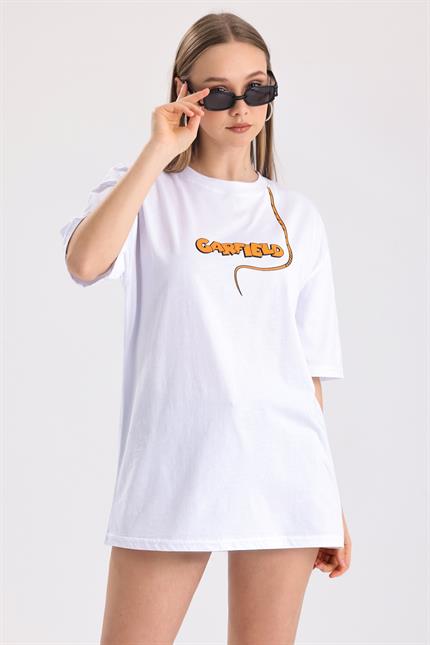 Ön Ve Sırt Garfield Baskılı Pamuklu Oversize Tişört - Beyaz