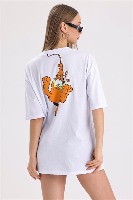 Ön Ve Sırt Garfield Baskılı Pamuklu Oversize Tişört - Beyaz