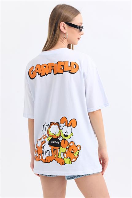 Ön Ve Sırt Garfield Family Baskılı Pamuklu Oversize Tişört - Beyaz