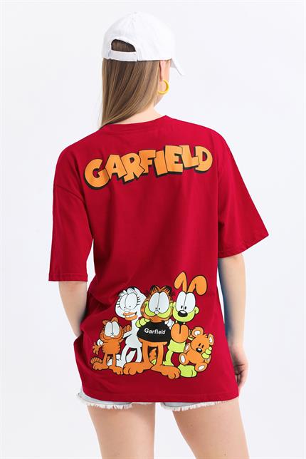 Ön Ve Sırt Garfield Family Baskılı Pamuklu Oversize Tişört - Kırmızı