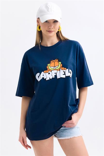 Ön Ve Sırt Garfield Family Baskılı Pamuklu Oversize Tişört - Lacivert