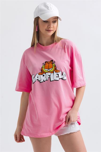 Ön Ve Sırt Garfield Family Baskılı Pamuklu Oversize Tişört - Pembe