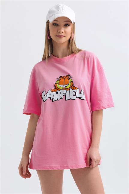 Ön Ve Sırt Garfield Family Baskılı Pamuklu Oversize Tişört - Pembe