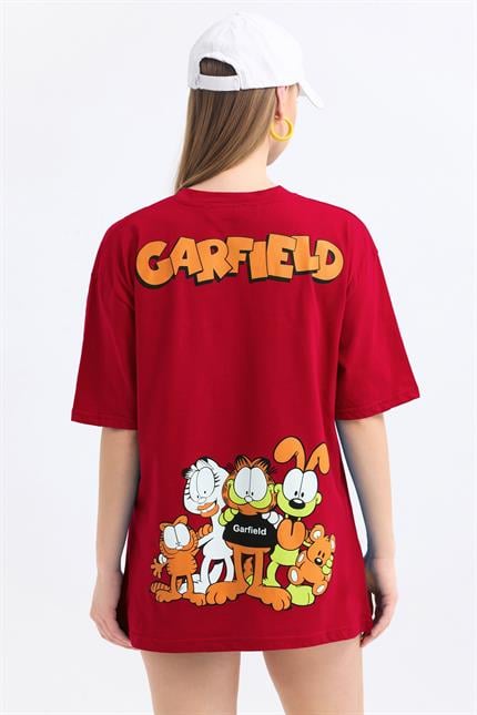 Ön Ve Sırt Garfield Family Baskılı Pamuklu Oversize Tişört - Kırmızı