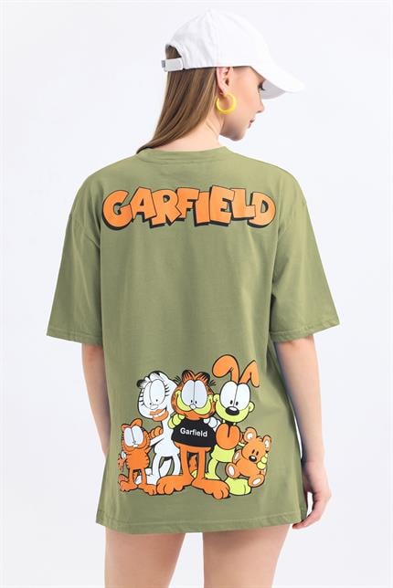 Ön Ve Sırt Garfield Family Baskılı Pamuklu Oversize Tişört - Olive