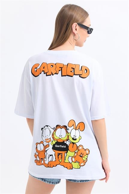 Ön Ve Sırt Garfield Family Baskılı Pamuklu Oversize Tişört - Beyaz