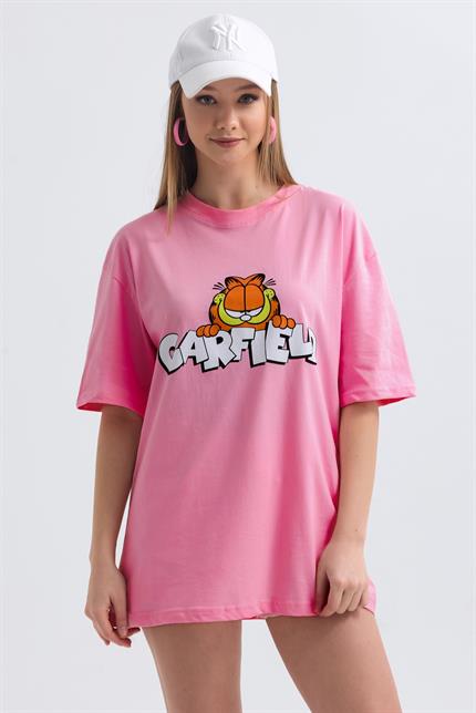 Ön Ve Sırt Garfield Family Baskılı Pamuklu Oversize Tişört - Pembe