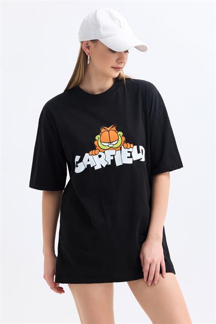 Ön Ve Sırt Garfield Family Baskılı Pamuklu Oversize Tişört - Siyah
