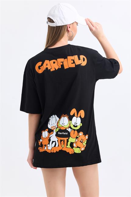 Ön Ve Sırt Garfield Family Baskılı Pamuklu Oversize Tişört - Siyah