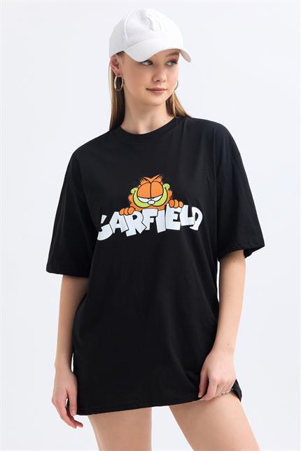 Ön Ve Sırt Garfield Family Baskılı Pamuklu Oversize Tişört - Siyah