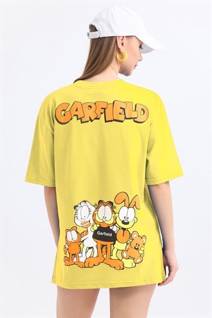 Ön Ve Sırt Garfield Family Baskılı Pamuklu Oversize Tişört - Sarı