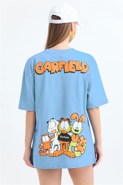 Ön Ve Sırt Garfield Family Baskılı Pamuklu Oversize Tişört - Bebemavi