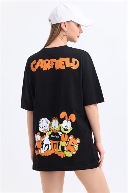 Ön Ve Sırt Garfield Family Baskılı Pamuklu Oversize Tişört - Siyah