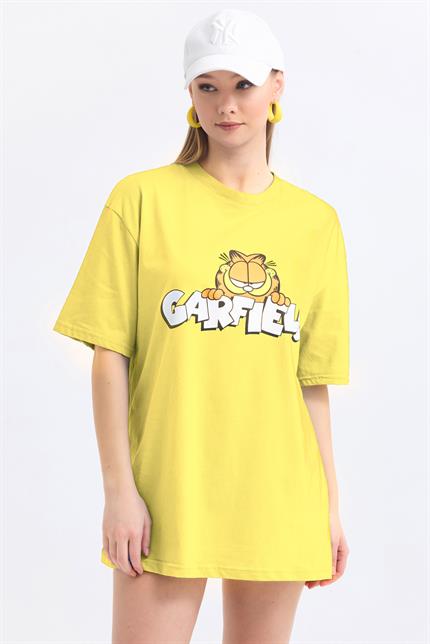 Ön Ve Sırt Garfield Family Baskılı Pamuklu Oversize Tişört - Sarı