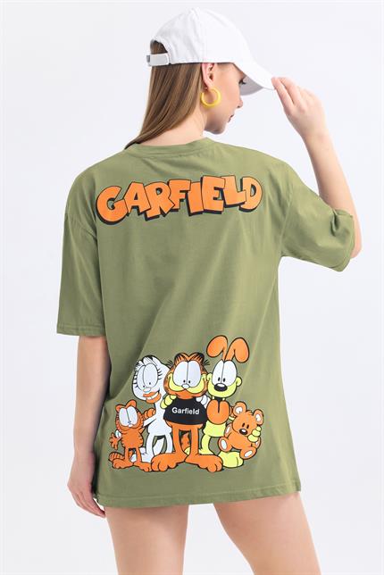 Ön Ve Sırt Garfield Family Baskılı Pamuklu Oversize Tişört - Olive