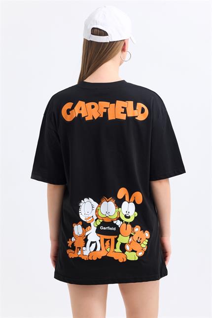 Ön Ve Sırt Garfield Family Baskılı Pamuklu Oversize Tişört - Siyah