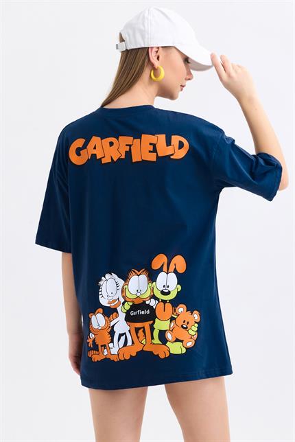 Ön Ve Sırt Garfield Family Baskılı Pamuklu Oversize Tişört - Lacivert