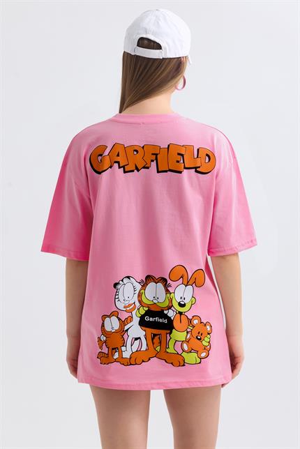 Ön Ve Sırt Garfield Family Baskılı Pamuklu Oversize Tişört - Pembe