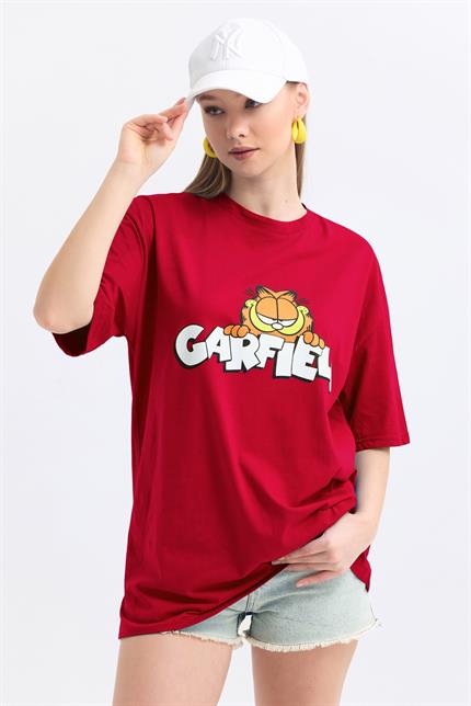 Ön Ve Sırt Garfield Family Baskılı Pamuklu Oversize Tişört - Kırmızı