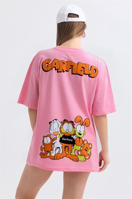 Ön Ve Sırt Garfield Family Baskılı Pamuklu Oversize Tişört - Pembe