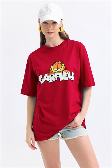 Ön Ve Sırt Garfield Family Baskılı Pamuklu Oversize Tişört - Kırmızı